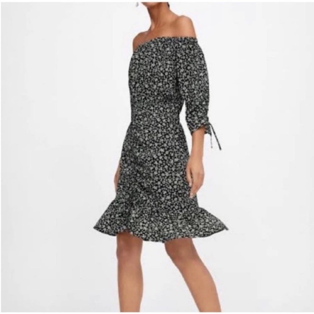Zara Black Floral Off-Shoulder Midi Dress